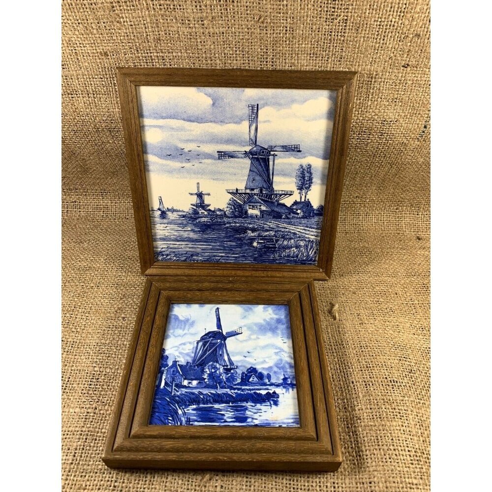 Vintage Delft Blue Framed Windmill Tiles Pair 5.5" sq and 6.5" sq framed